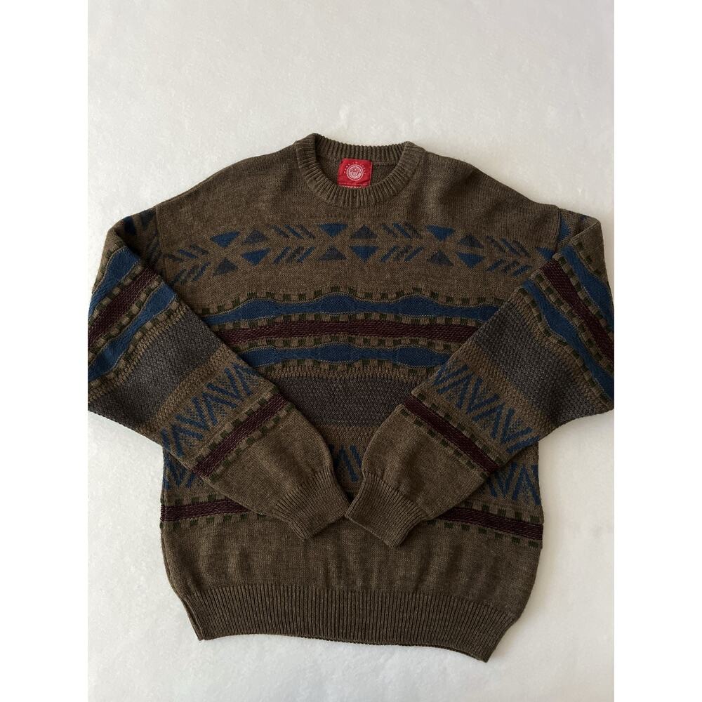 Settebello Sweater Men M Brown Wool Blend Geometric Crew Neck Knit Made In Italy
